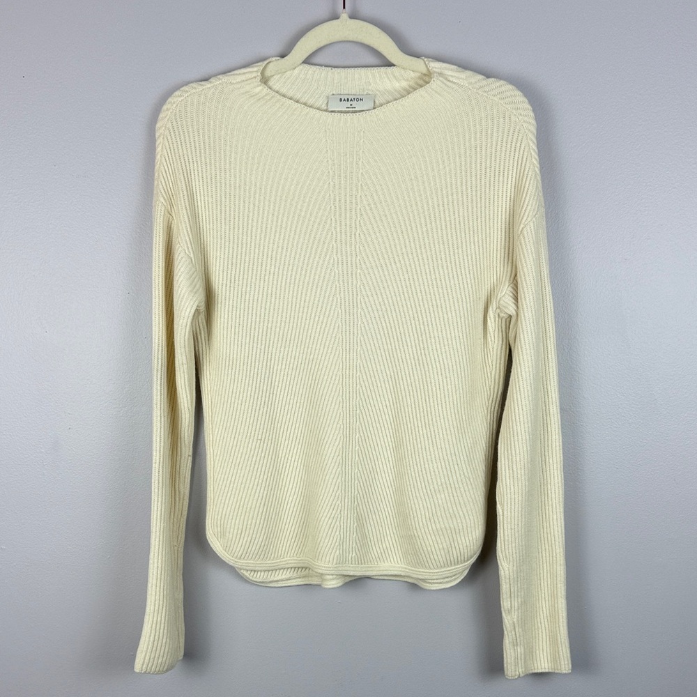 Babaton Aritzia Wool Linen Blend Ivory Cable Knit Ribbed Medium Pullover Sweater - Picture 2 of 12